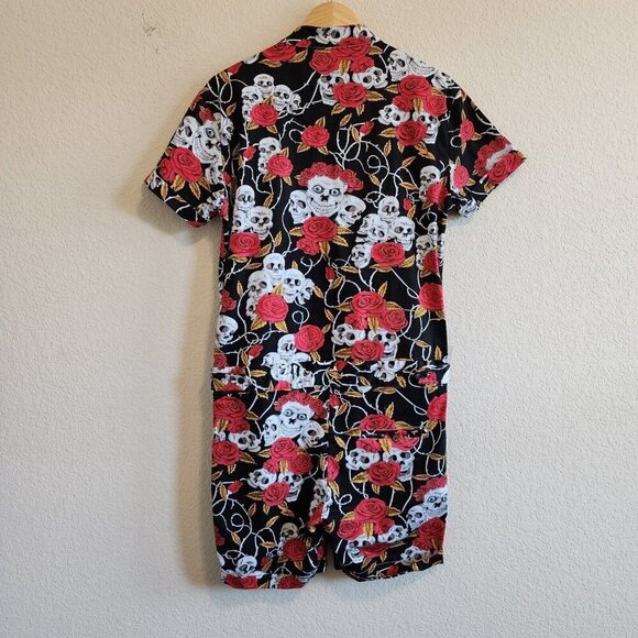 Glimms New York Skulls & Roses Fitted Cotton/Spandex Button Front Romper Mens L - Picture 4 of 12